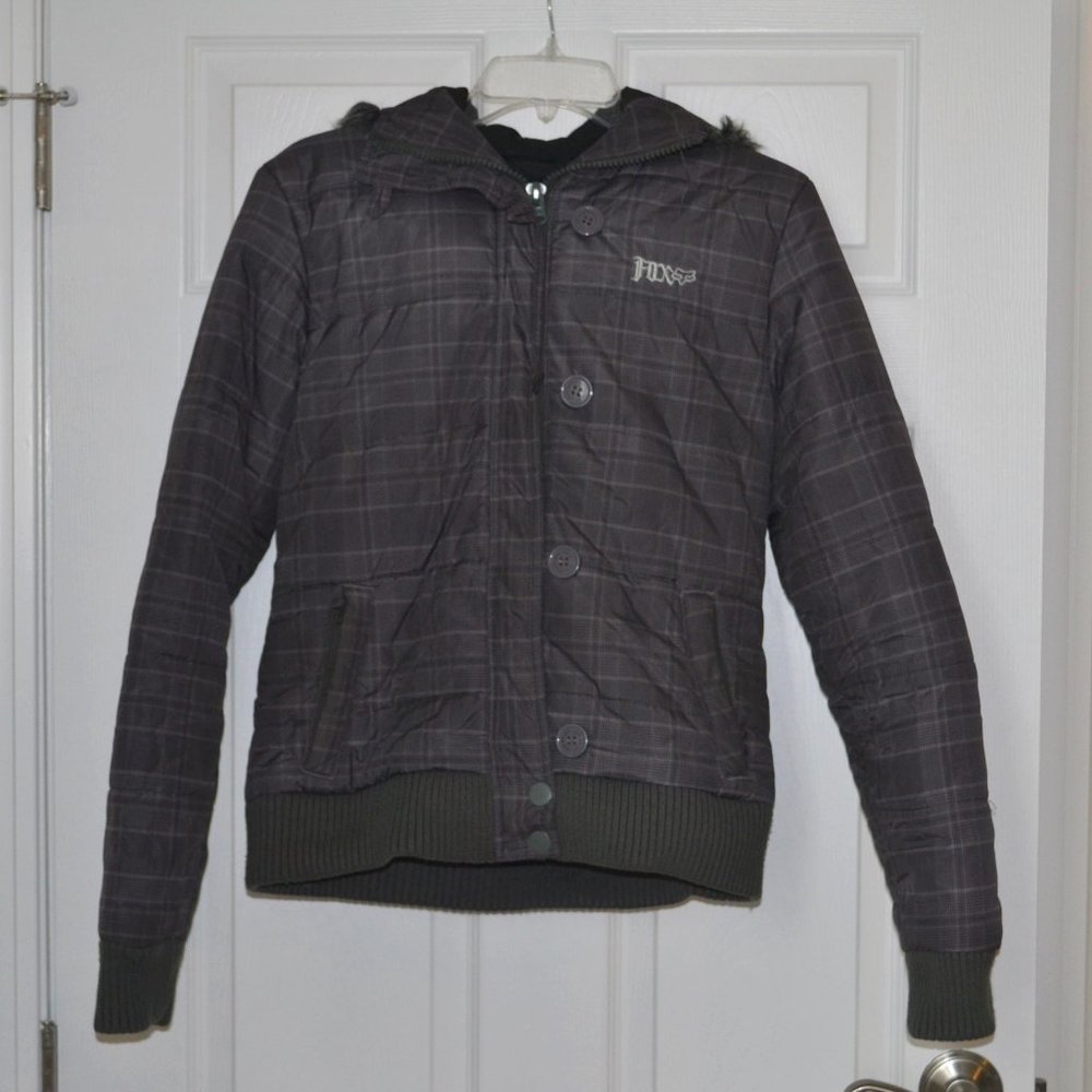Grey Fox Girl Plaid Winter Puffer Coat w/ Faux Fur Hood & Knit Trim, Medium